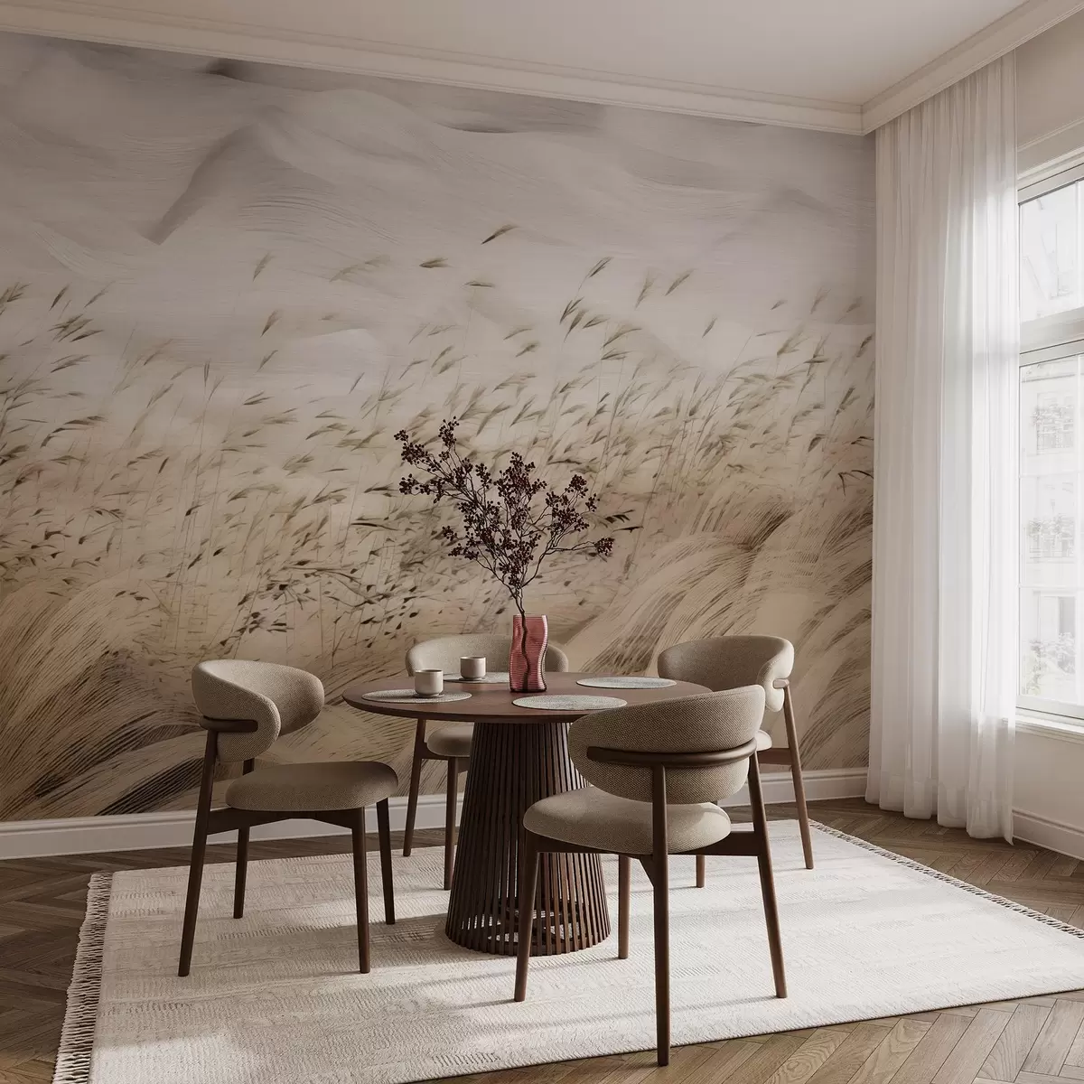 Valokuvatapetti abstrakti tuulen puhaltama ruoho kentät beige ja kivi sävyjä, muste luonnos linjat kuvioitu paperi tausta, pohjoismainen maaseutu rauhallinen w03941