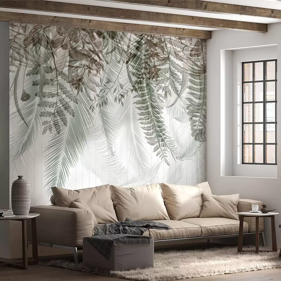 Valokuvatapetti Herkästi putoava trooppinen saniainen ja palmunlehdet, geometrinen tausta, pehmeä valo, hillityt värit, elegantti w09106v1