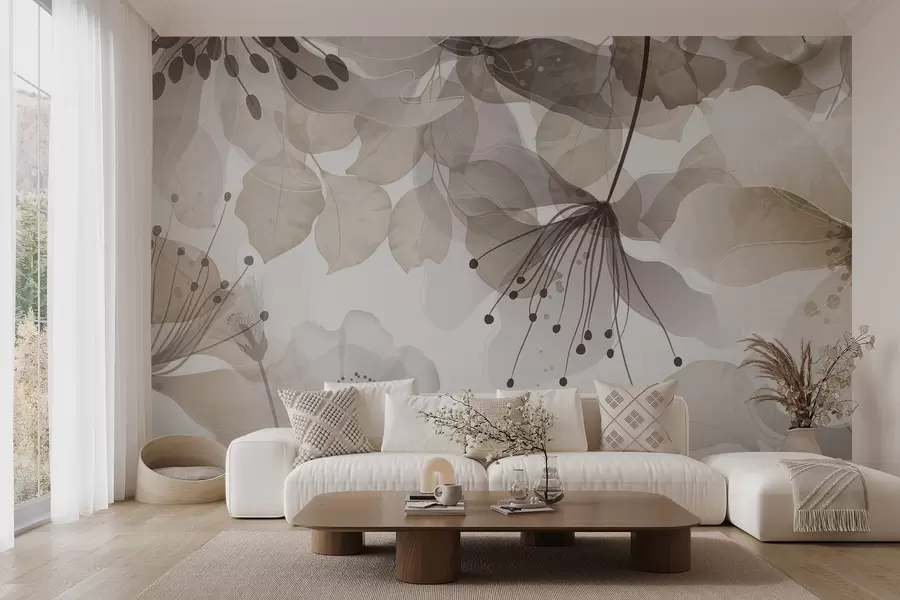 Valokuvatapetti Kukkia ja lehtiä beigeissä väreissä, läpikuultavat terälehdet ja lehdet, pehmeä akvarellivaikutelma, herkät viivat, valkoinen tausta w09107v1