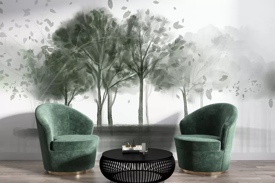 Valokuvatapetti Abstrakti maisema, jossa puut, joissa vihreät lehdet heijastuvat veteen, vesivärillä kuvioitu tyyli w09109