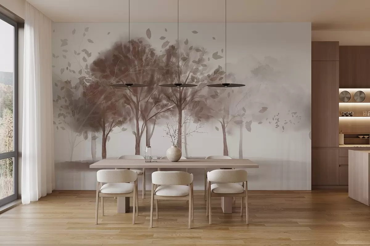 Valokuvatapetti Abstrakti maisema, jossa puut ruskeat lehdet heijastuvat vedessä, akvarelli kuvioitu tyyliä w09109v1