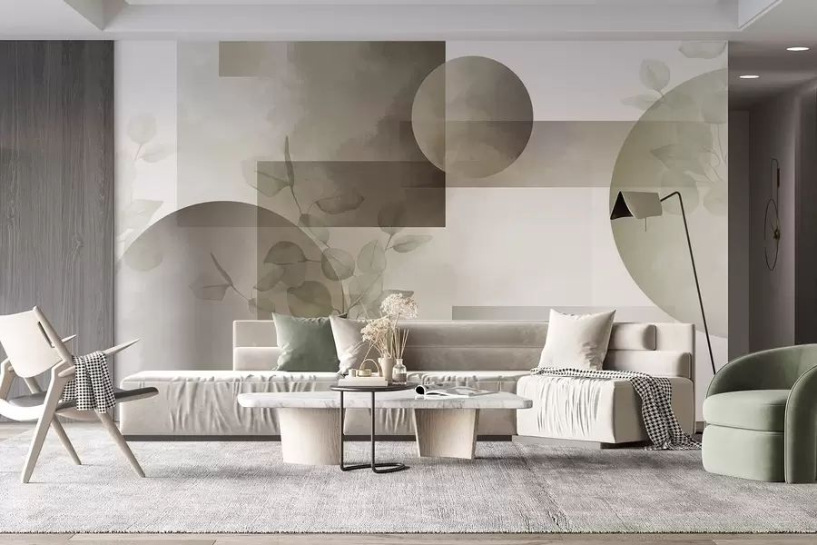 Valokuvatapetti Abstrakti moderni minimalistinen geometrinen muotoilu ympyröillä ja suorakulmioilla, eukalyptuslehdet, vesiväriefekti w09110v1