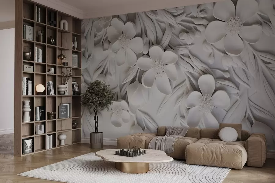 Valokuvatapetti Valkoisia kukkia ja lehtiä valkoisella taustalla, kukka tyylikäs, koristeellinen muotoilu, monimutkaisia yksityiskohtia w09113