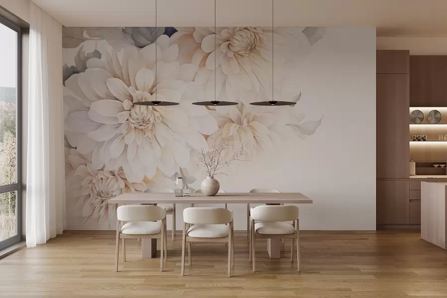 Valokuvatapetti Pastellin väriset daaliat, joissa on pehmeät, herkät persikkaiset ja valkoiset kevyet terälehdet vesivärityyliin, pehmeä tausta w09115