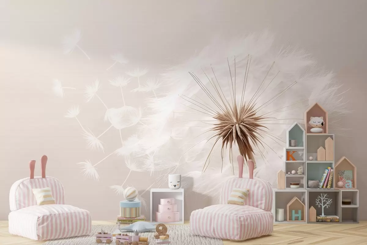 Valokuvatapetti Moderni pehmeä kukka-asetelma, jossa on täysin kukkiva voikukka ja kelluvia siemeniä, jotka on asetettu herkkää tekstiilimäistä tekstuuria vasten w03939