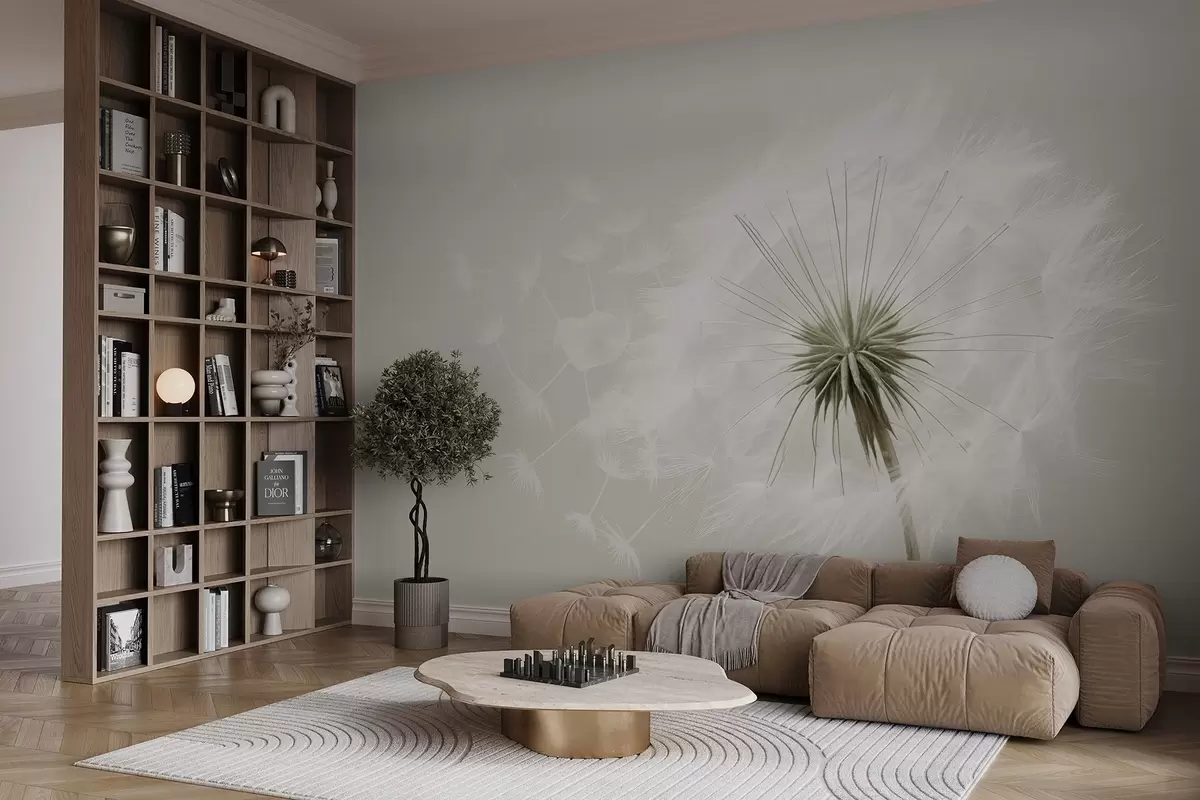 Valokuvatapetti Moderni pehmeä kukka-asetelma, jossa on täysin kukkiva voikukka ja kelluvia siemeniä, jotka on asetettu herkkää tekstiilimäistä tekstuuria vasten w03939v1