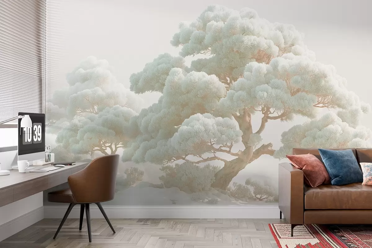 Valokuvatapetti Mäntyjä sumussa pehmeissä sävyissä seisoo metsässä w09122