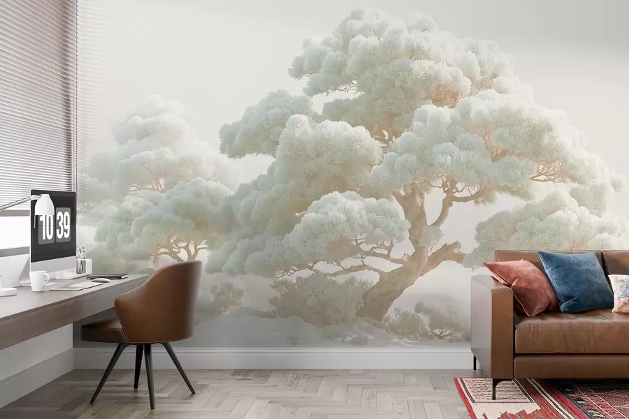 Valokuvatapetti Mäntyjä sumussa pehmeissä sävyissä seisoo metsässä w09122