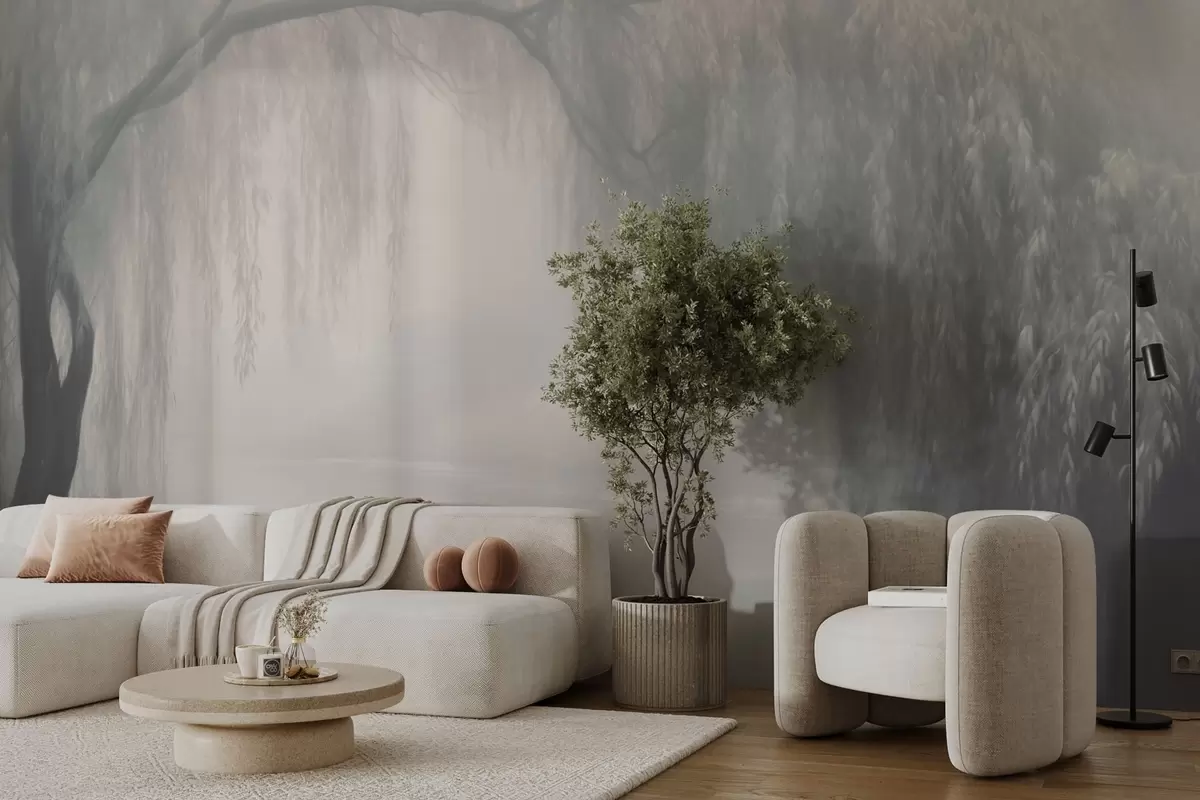 Valokuvatapetti Mystinen pajupenkki aamusumussa w03995