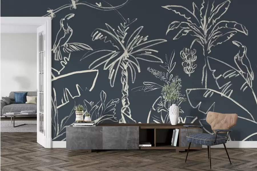 Valokuvatapetti Trooppinen kuvio tummansinisellä taustalla, palmuja, banaaneja w04020v4