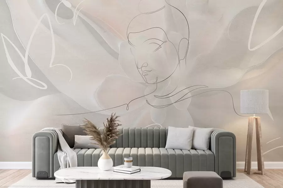 Valokuvatapetti Floral abstraktio Buddha viiva piirustus, beige värit w04004