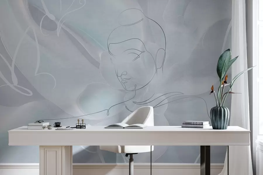 Valokuvatapetti Floral abstraktio Buddha viiva piirustus, siniset värit w04004v1