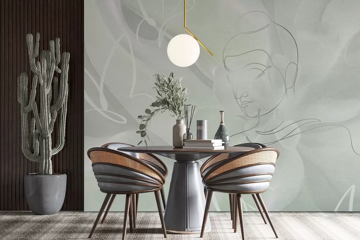 Valokuvatapetti Floral abstraktio Buddha viiva piirustus, vihreät värit w04004v3