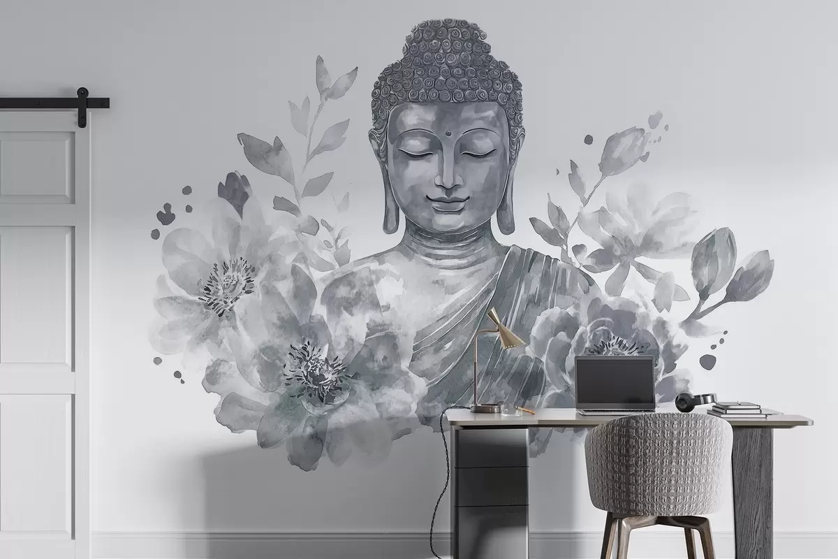 Valokuvatapetti Akvarelli Buddha kukkia, hengellinen, harmaa väripaletti  w04005v1