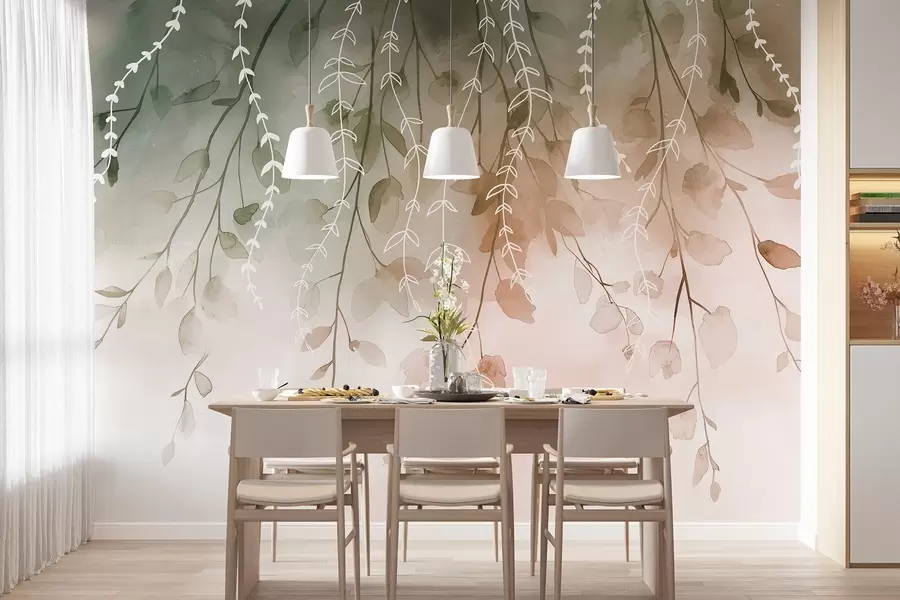 Valokuvatapetti Oksat ja lehdet vesivärityyliin, luonnolliset syksyn värit w04007v1