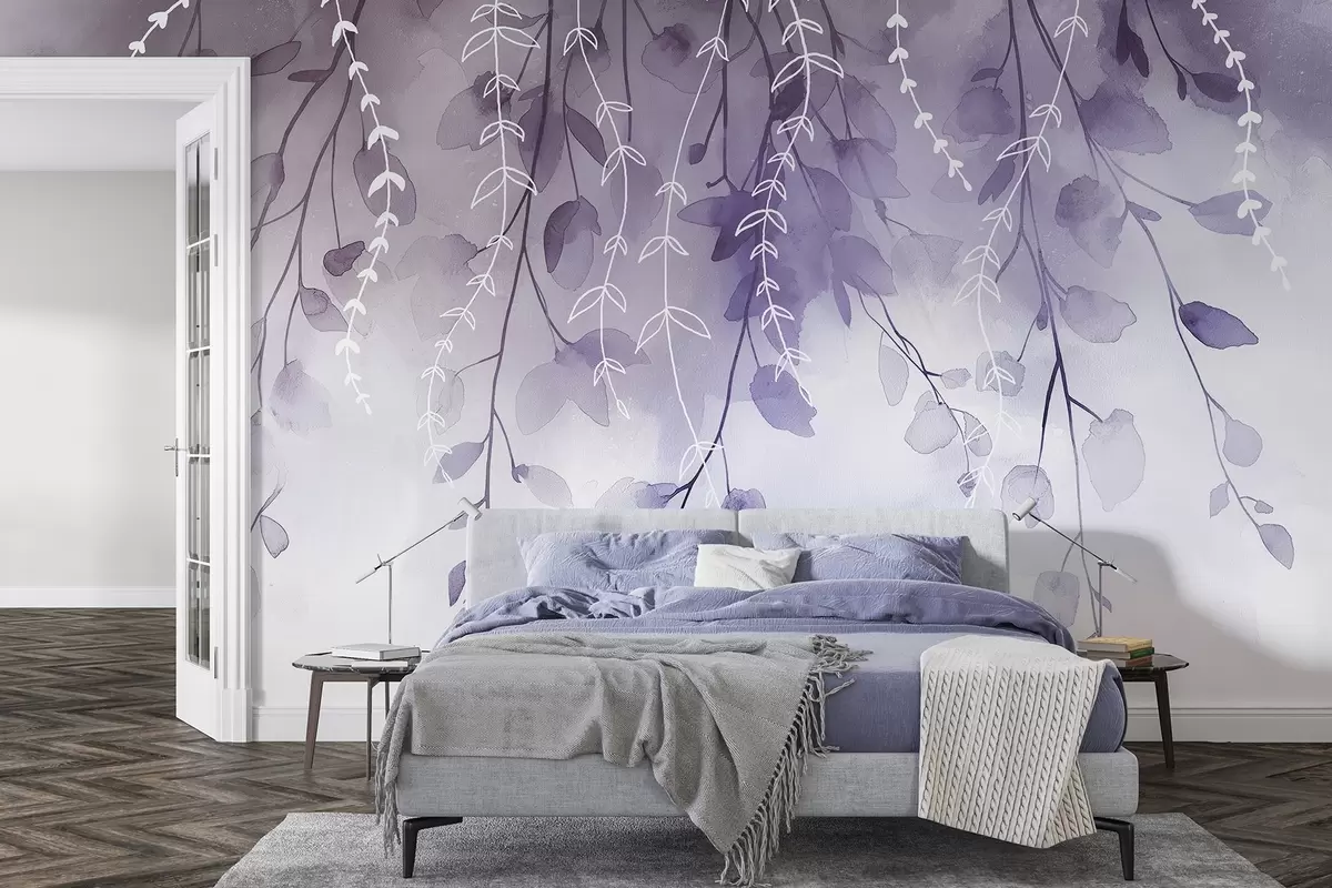 Valokuvatapetti Oksat ja lehdet vesivärityyliin, luonnolliset violetit värit w04007v2