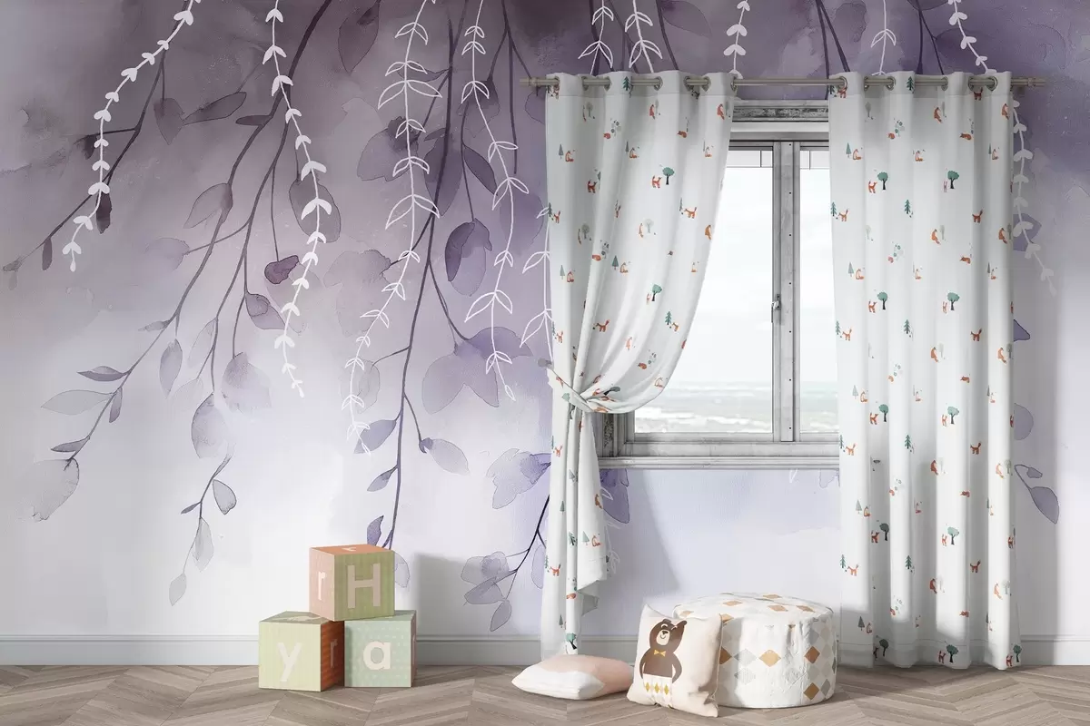 Valokuvatapetti Oksat ja lehdet vesivärityyliin, luonnolliset violetit värit w04007v2