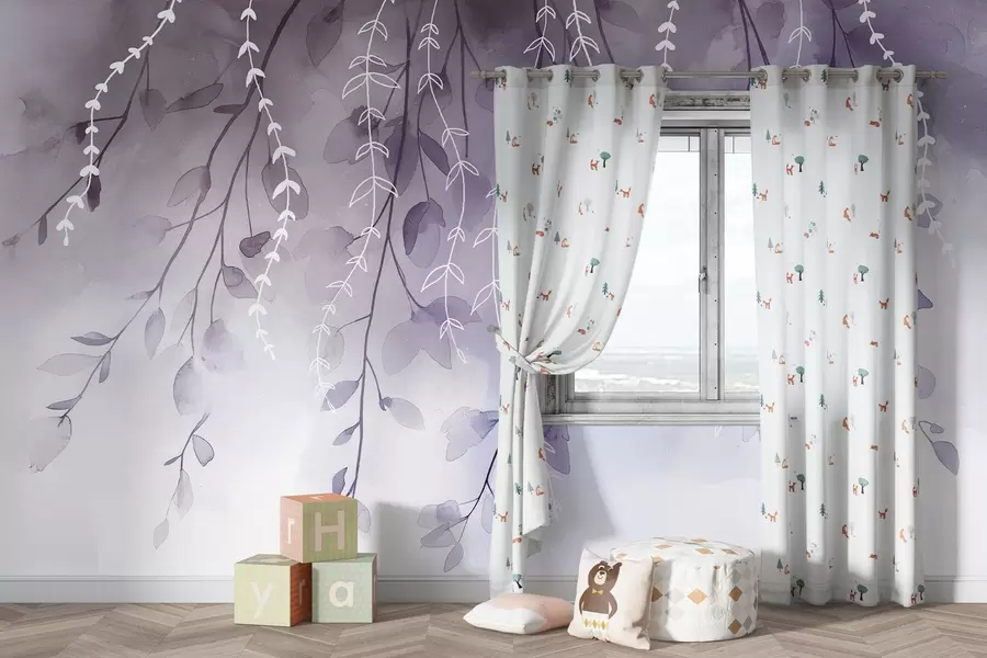 Valokuvatapetti Oksat ja lehdet vesivärityyliin, luonnolliset violetit värit w04007v2