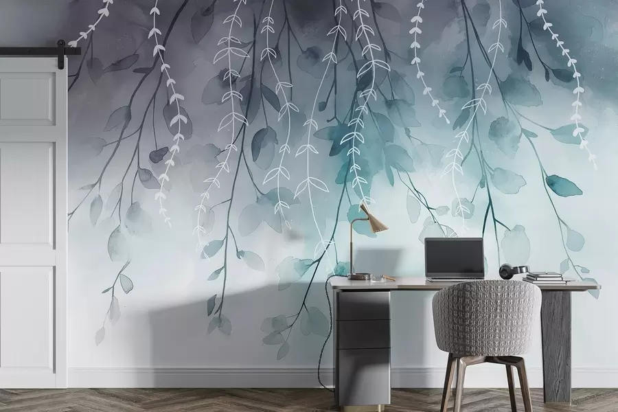 Valokuvatapetti Oksat ja lehdet vesivärityyliin, luonnon akvamariinin värit w04007v3