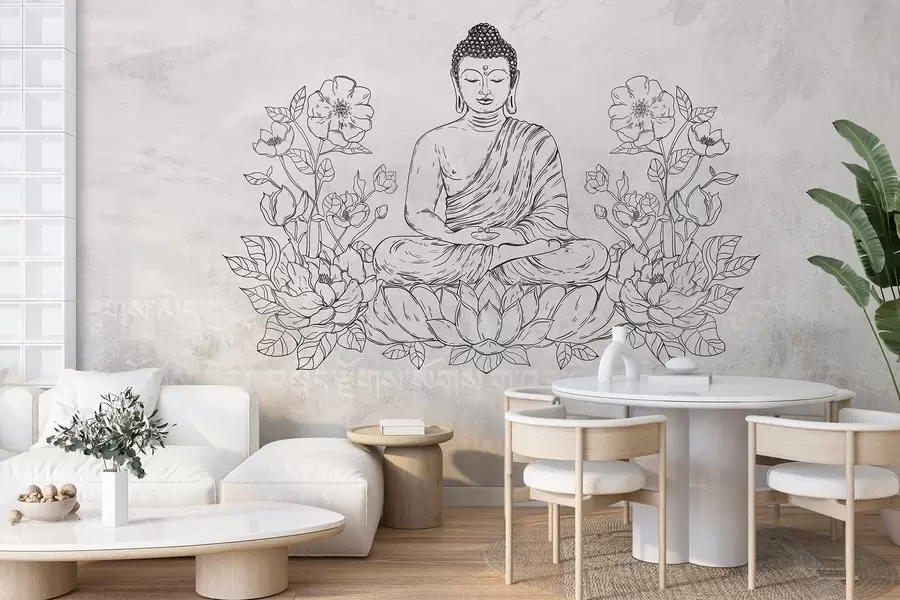 Valokuvatapetti Meditoiva Buddha ja lootuksen kukkia, viivataide, itämainen, beige tausta w04008v1