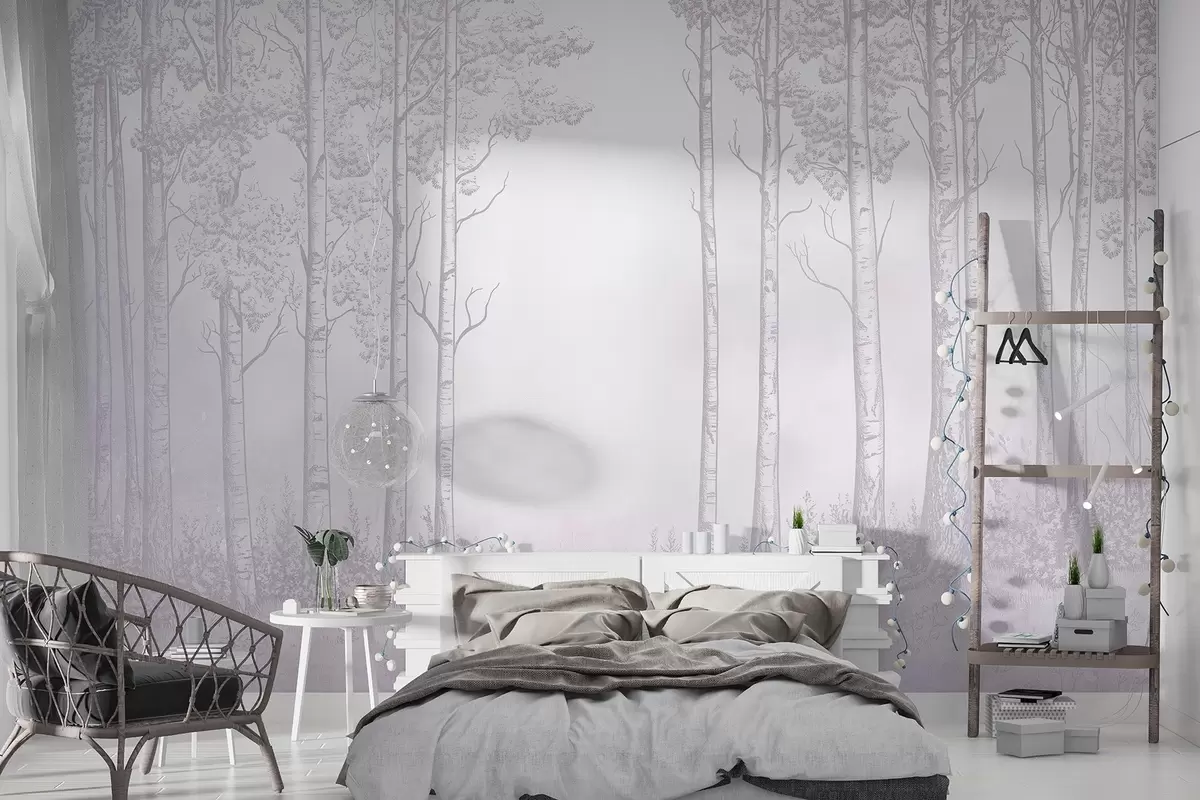 Valokuvatapetti Metsä koivuineen, minimalismi, luonto, vaaleanpunainen väripaletti  w04009v2