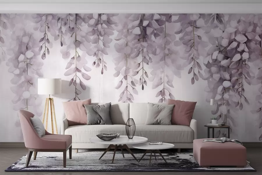 Valokuvatapetti Akvarelli kohtaus, jossa pehmeä lila wisteria putoaa ylhäältä, herättää varhaisen aamun sumun rauhallisuuden ja selkeyden w04034v3