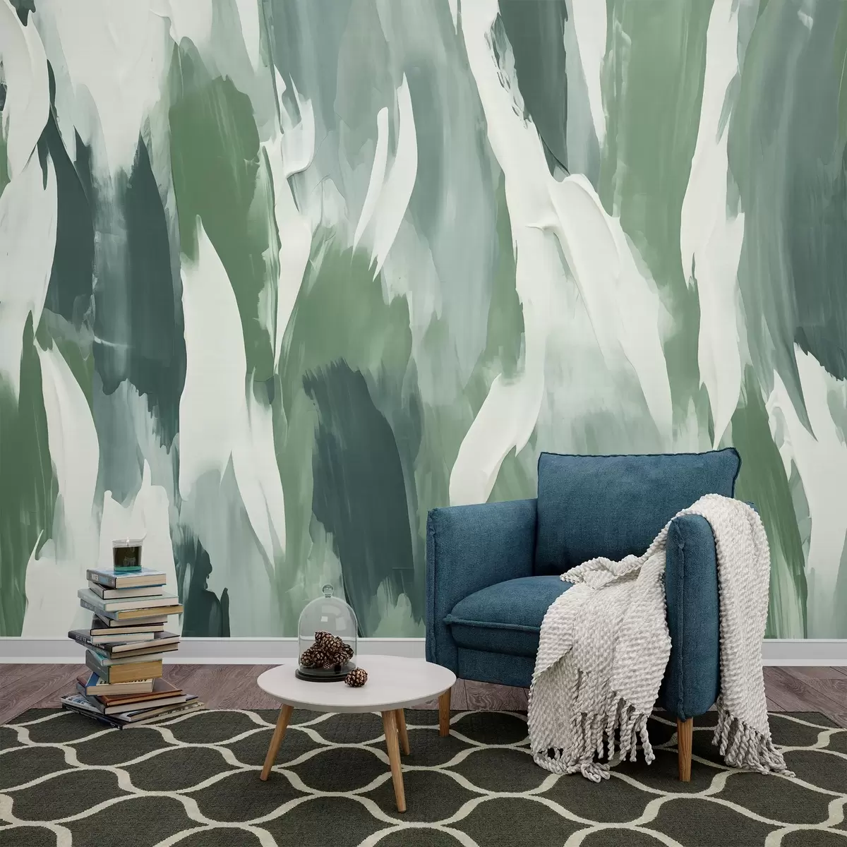 Valokuvatapetti Abstrakti tekstuuri rohkeista vihreistä ja kermanvärisistä siveltimenvedoista, jotka tuovat mieleen tuulen puhaltamien lehtien ja orgaanisen liikkeen rytmin w04035