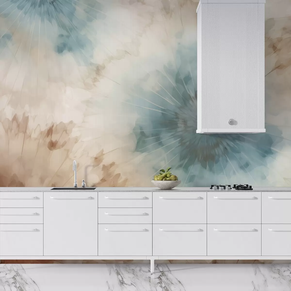 Valokuvatapetti Taivaansinisen, saven ja okran sävyjen säteilevät purskeet luovat lempeän vuorovaikutuksen maadoittuneesta energiasta ja ilmavasta laajenemisesta, mikä tuo mieleen luonnon sykkeen w04036