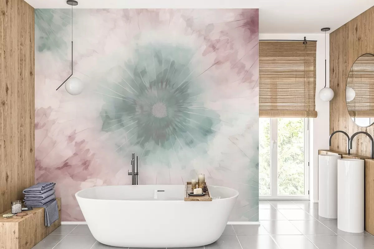Valokuvatapetti Vesivärin säteittäinen kuvio, jossa sekoitetaan sumuisia vihreitä ja pölyisiä pinkkejä, mikä tuo mieleen aamukasteen pehmeyden ja päivän ensimmäisen hengenvedon w04036v2