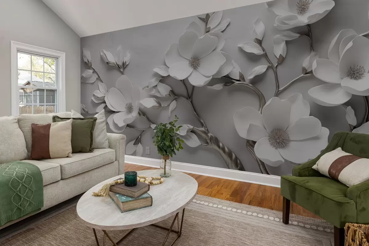 Valokuvatapetti Mittakaavallinen kukka-haara puhtaassa valkoisessa ja neutraaleissa sävyissä w04039v2