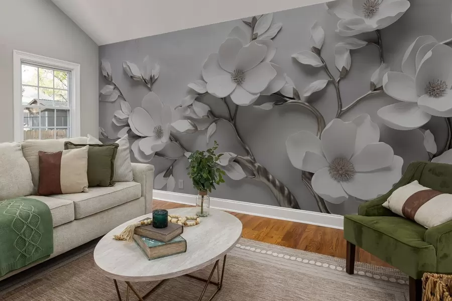 Valokuvatapetti Mittakaavallinen kukka-haara puhtaassa valkoisessa ja neutraaleissa sävyissä w04039v2