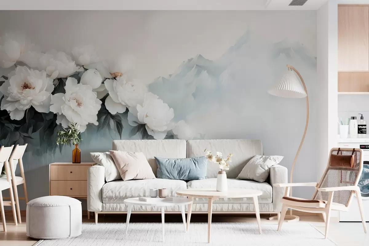 Valokuvatapetti maalaukselliset rehevät valkoiset pionit sumuisten vuorten taustaa vasten w03965