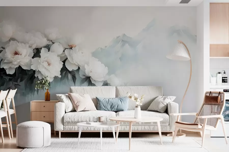 Valokuvatapetti maalaukselliset rehevät valkoiset pionit sumuisten vuorten taustaa vasten w03965