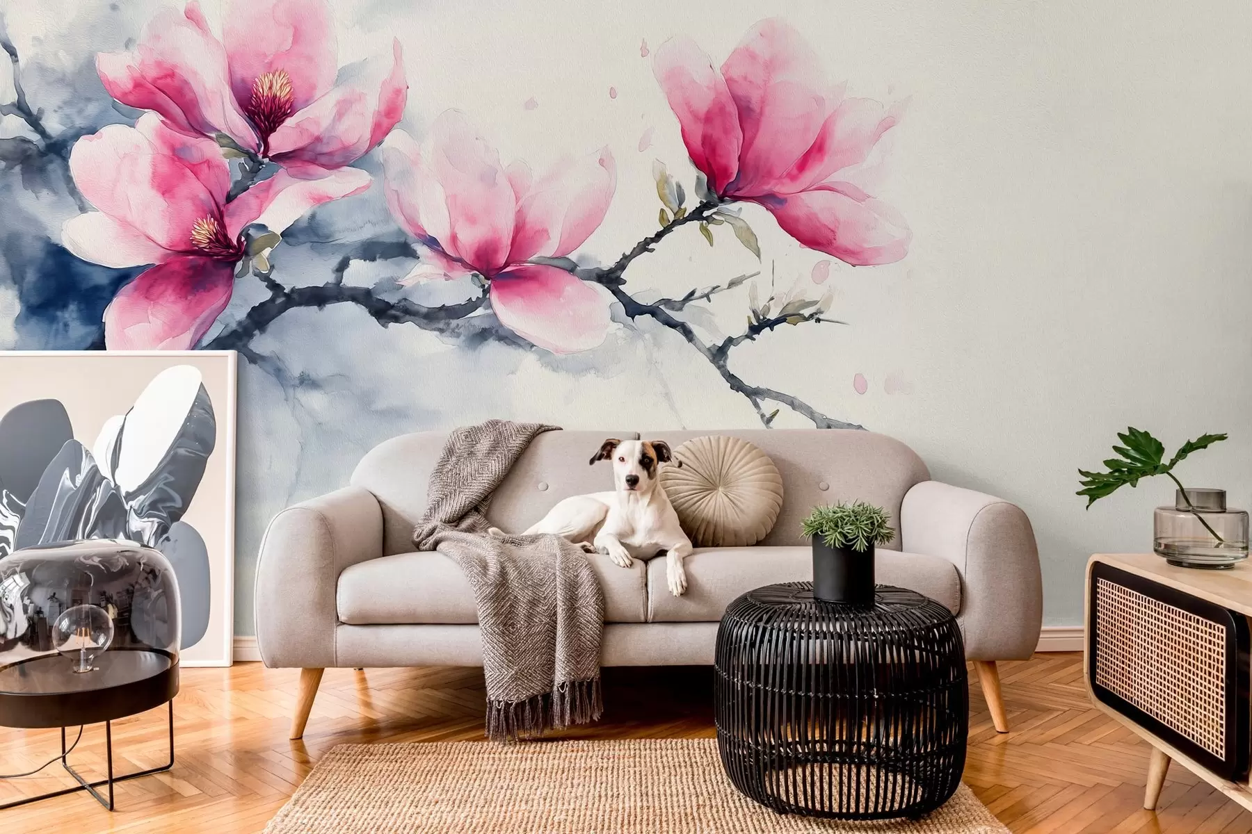 Valokuvatapetti vaaleanpunaisen magnolian kukkiva oksa norsunluun värisellä taustalla w04027