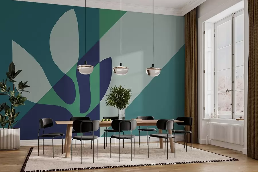 Valokuvatapetti abstrakti graafinen kasvi taustalla geometriaa sinisen sävyjä w04028v1