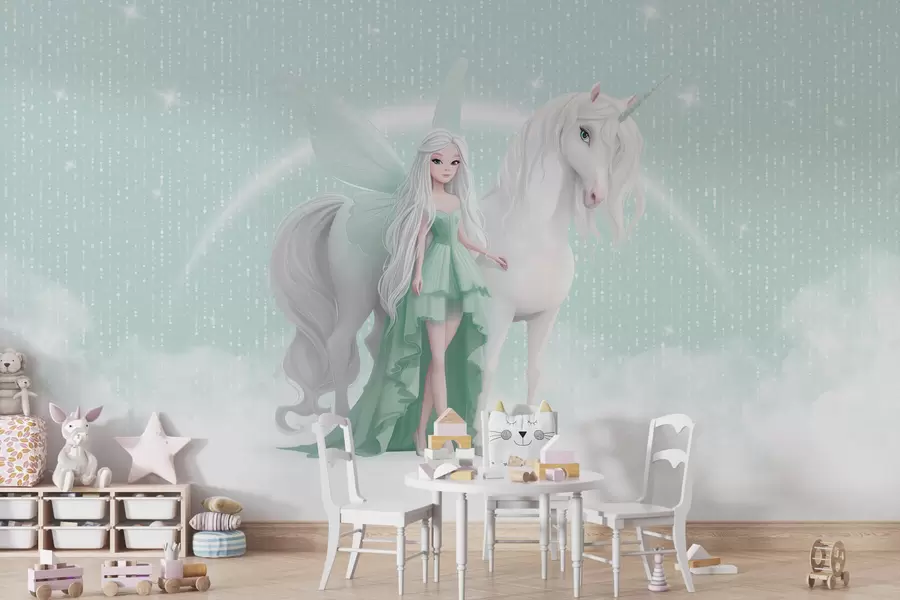 Valokuvatapetti Keiju ja yksisarvinen pilvien keskellä - w03527v2