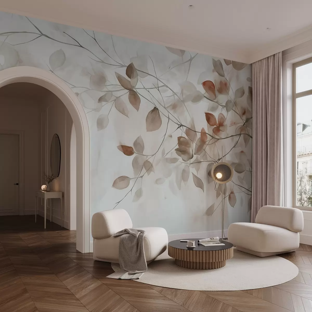 Valokuvatapetti Teksturaalinen akvarellimaalaus jäljitelmä ruskeista lehdistä ja oksista, pehmeät värit, herkät yksityiskohdat valkoista taustaa vasten w09133