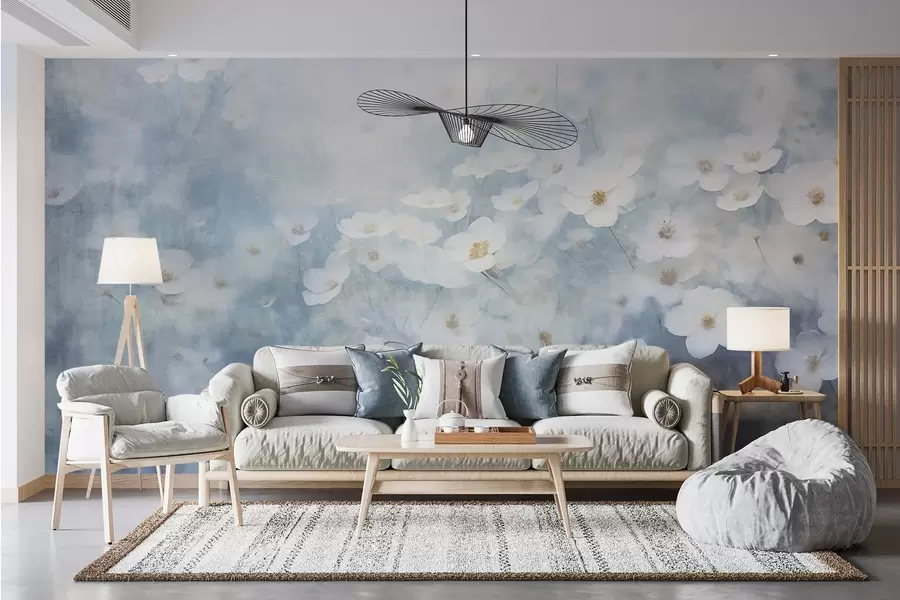 Valokuvatapetti Valkoisten anemone-kukkien tekstuurikenttä, pehmeä fokus, unenomainen tunnelma, vaaleansininen ja valkoinen väripaletti, keväinen niitty w09134