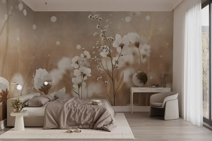 Valokuvatapetti Valkoisia kukkia ruskeilla varsilla ja lehdillä pellolla, bokeh-efekti, lämmin väripaletti, tyylikäs luonnon inspiroima taideteos w09135