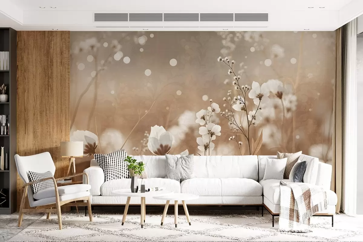 Valokuvatapetti Valkoisia kukkia ruskeilla varsilla ja lehdillä pellolla, bokeh-efekti, lämmin väripaletti, tyylikäs luonnon inspiroima taideteos w09135