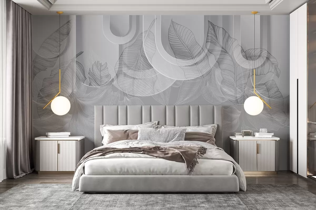 Valokuvatapetti Abstrakti tausta harmailla kaarilla ja valkoisilla trooppisilla lehdillä, minimalistinen muotoilu, tyylikäs ja moderni, neutraali väripaletti w09138