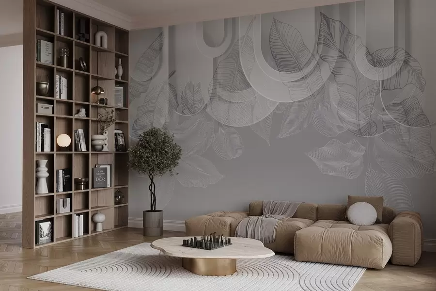 Valokuvatapetti Abstrakti tausta harmailla kaarilla ja valkoisilla trooppisilla lehdillä, minimalistinen muotoilu, tyylikäs ja moderni, neutraali väripaletti w09138