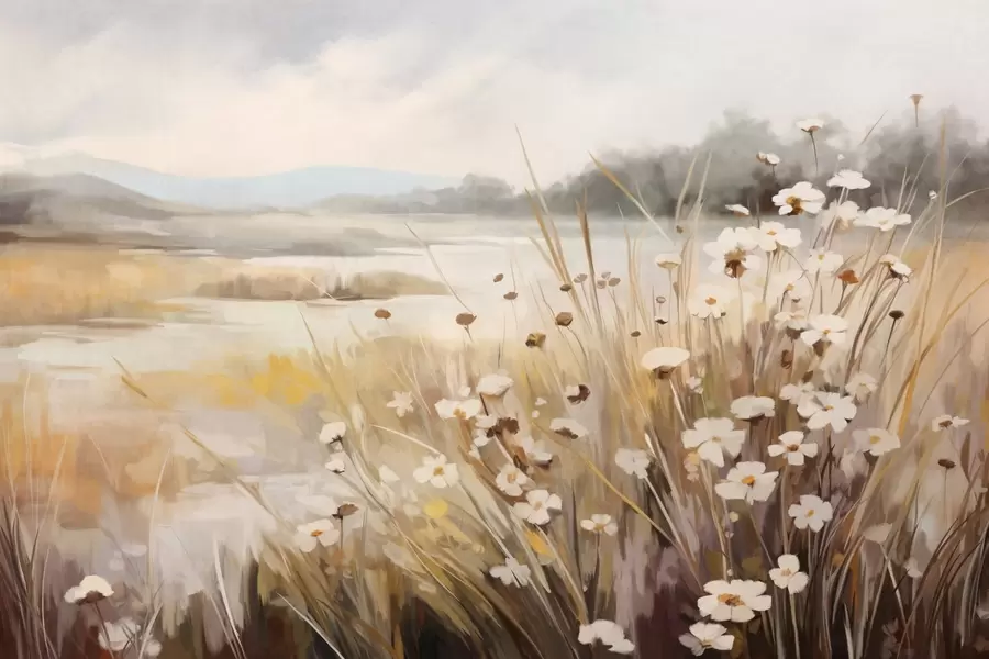 Valokuvatapetti Pelto korkea ruoho ja valkoisia päivänkakkaroita, puita taustalla, pilvinen taivas, kuvioitu maisema, pehmeät siveltimenvedot w09139