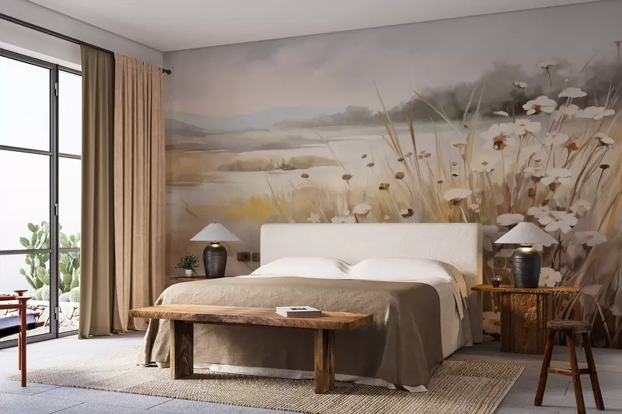 Valokuvatapetti Pelto korkea ruoho ja valkoisia päivänkakkaroita, puita taustalla, pilvinen taivas, kuvioitu maisema, pehmeät siveltimenvedot w09139