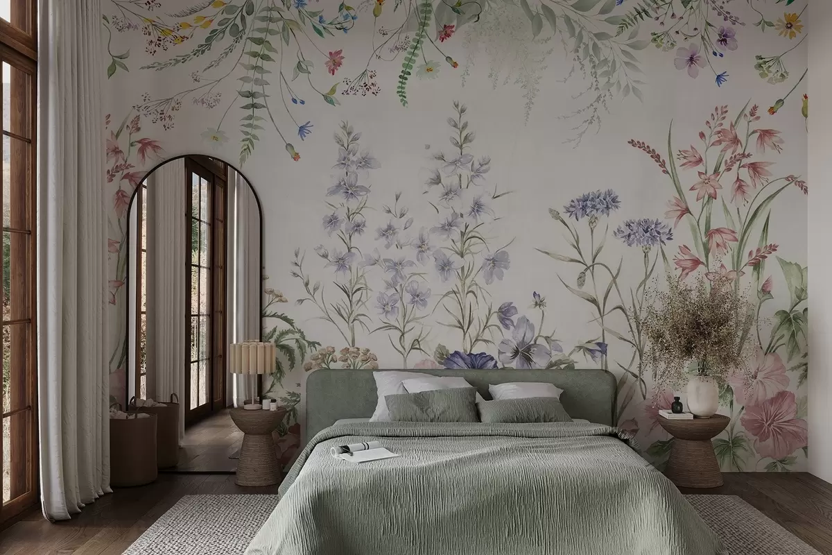 Valokuvatapetti Kukkainen tekstuurinen järjestely värikkäitä kukkia ja vihreitä lehtiä, kasvitieteellinen kuvitus , pehmeät pastellivärit, vintage-tyyliin w09143