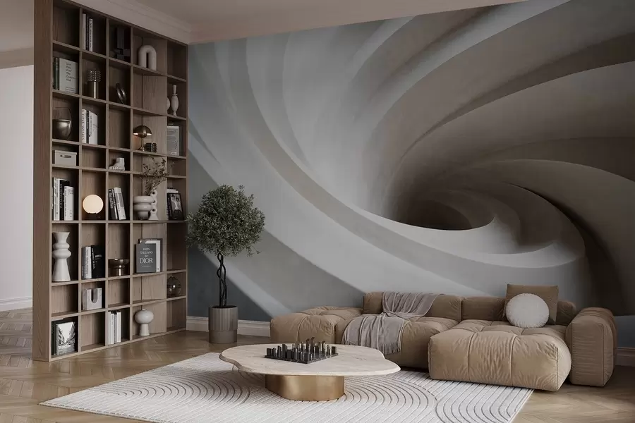 Valokuvatapetti Abstrakti kuvioitu pyörre valkoinen ja beige kerroksia, luoden pyörre vaikutus, dynaaminen koostumus, moderni minimalistinen muotoilu w09144