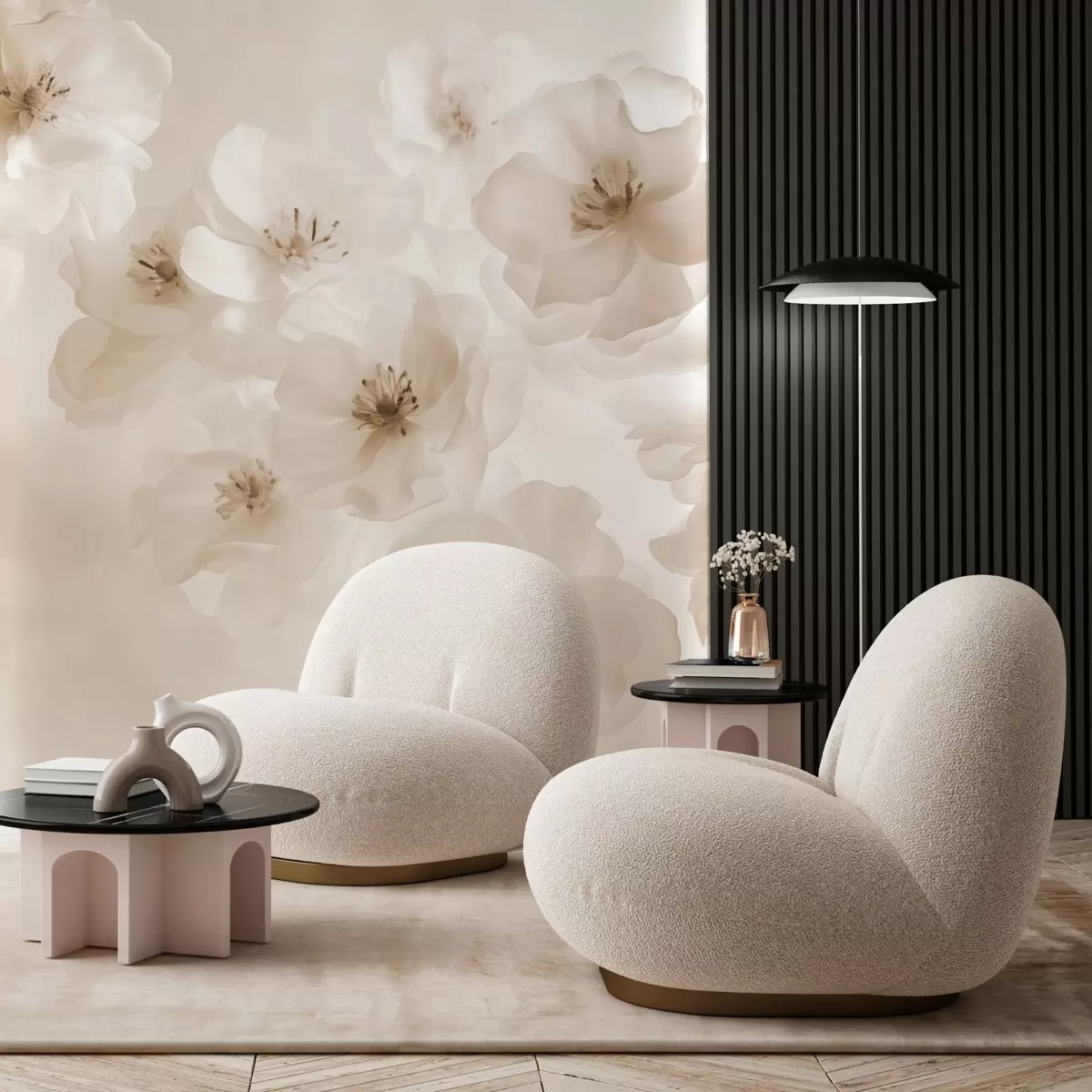 Valokuvatapetti Herkät suuret kukat, beigen sävyjä w03931v2