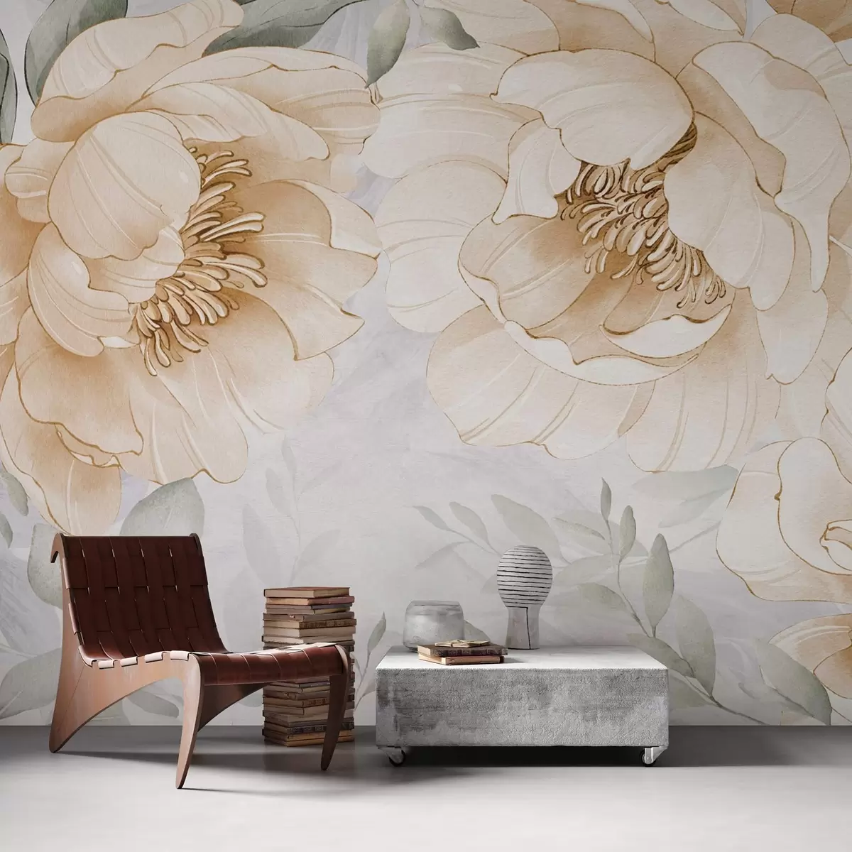 Valokuvatapetti Keltainen pionit jäljitelmä akvarelli w03932v1