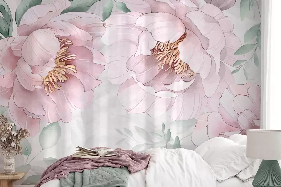 Valokuvatapetti Vaaleanpunaiset pionit jäljitelmä akvarelli w03932v2