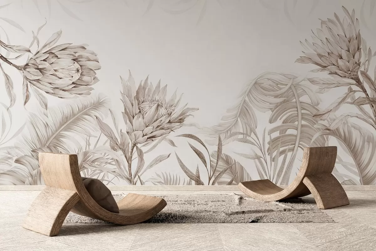 Valokuvatapetti Protea trooppisten lehtien keskellä, beige sävyjä w03952